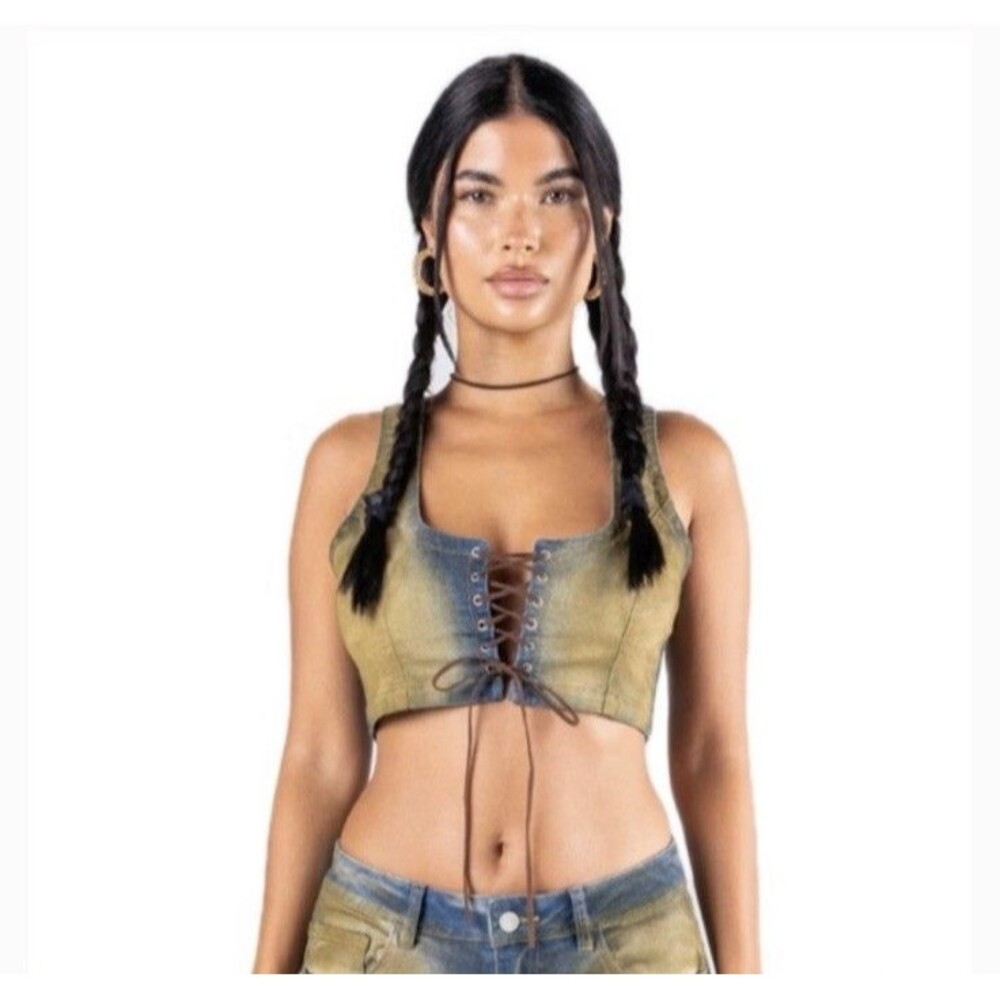 Finesse Front Tie Cropped Denim Vest Y2K Stretch 90s Western Festival Coachella